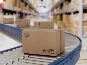 Closed cardboard boxes and wrapped with adhesive on conveyor roller